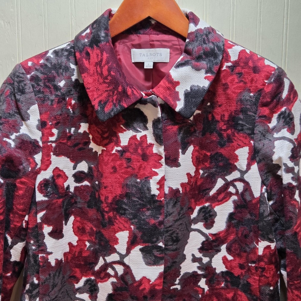 Talbots Blazer Jacket Womens 6 Red Floral‎ Print Cotton Stretch Lined Career